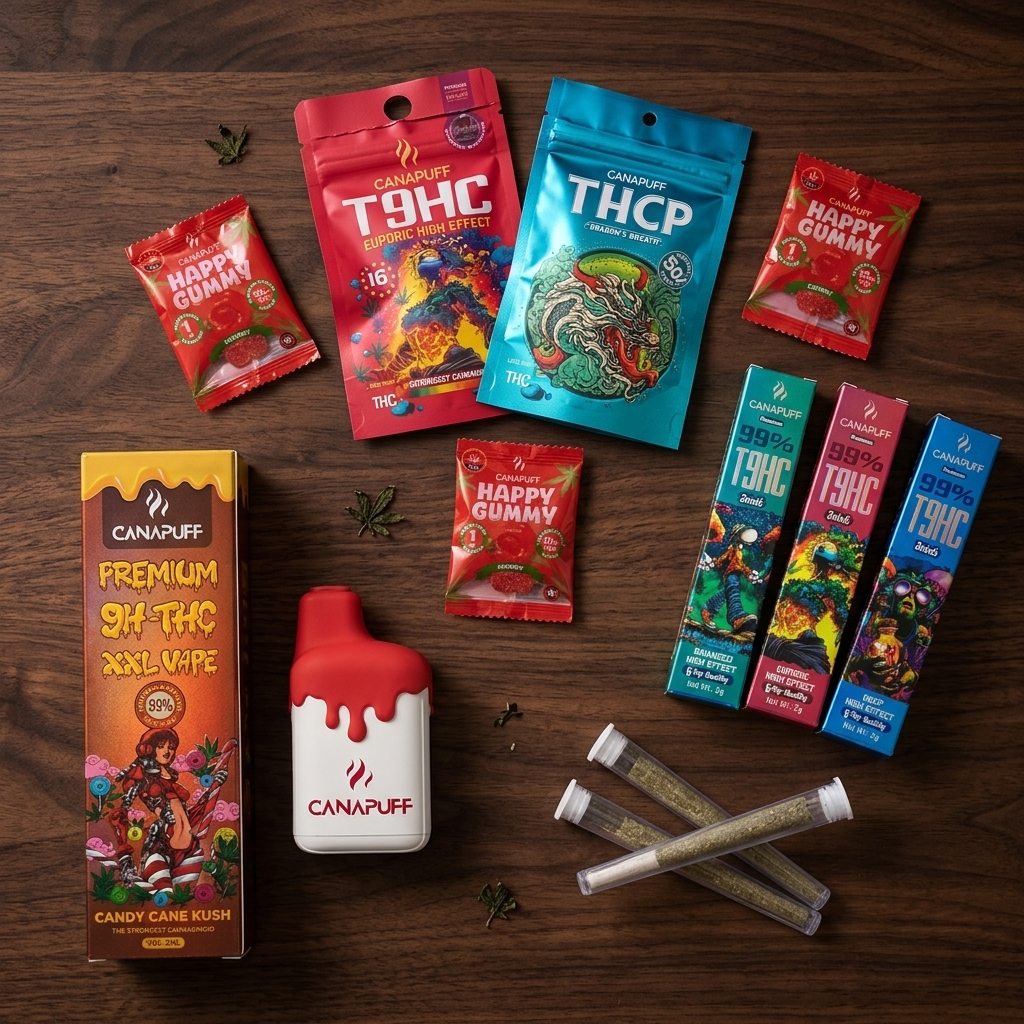 CanaPuff ürün yelpazesi — T9HC, THCP, Happy Gummy, XXL Vape, Pre-rolled Joints
